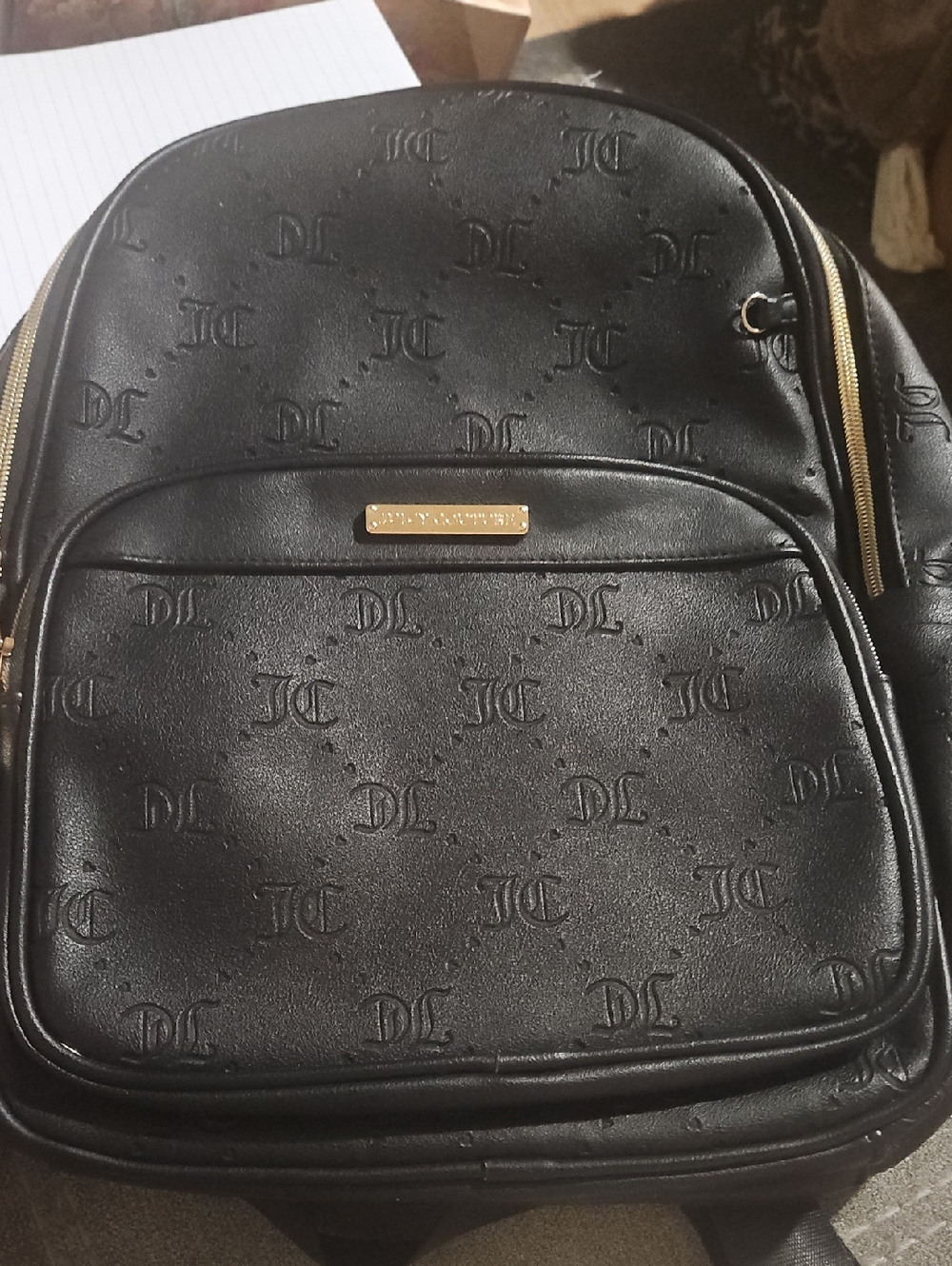 New Juicy Couture Black Embossed Logo Backpack with Gold Accents